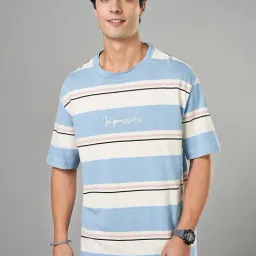 People By Pantaloons Blue Cotton Boxy Fit Striped T-Shirt-picture-28