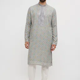 Twamev Men Floral Embroidered Regular Mirror Work Kurta with Churidar-image-20