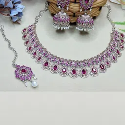 VATSALYA creation Alloy Silver Pink Jewellery Set image 1