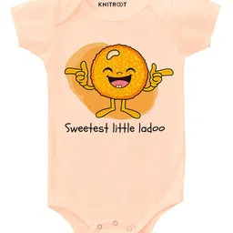 KNITROOT Half Sleeves Little Ladoo Printed Onesie - Peach-image-8