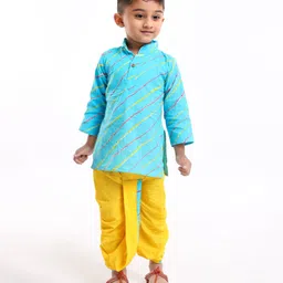 Teentaare Full Sleeves Cotton Kurta & Dhoti Set Leheriya Print- Blue-picture-25