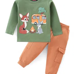 Babyhug 100% Cotton Single Jersey Knit Full Sleeves T-Shirt & Lounge Pant Fox Print - Brown & Olive Green-picture-24