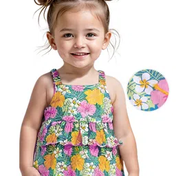 Babyhug Cotton Knit Sleeveless Floral Printed Tiered Top - Multicolour-image-6