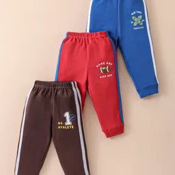 Zero Male Interlock Knit Full Length Track Pants with Sports Print Pack of 3 - Brown Red & Royal Blue-image-2