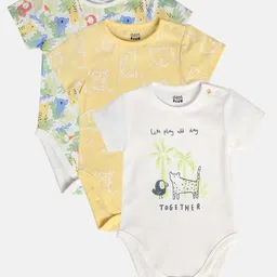 MINI KLUB Cotton Pack Of 3 Half Sleeves Baby Animals Printed Onesies - Yellow & White-image-14