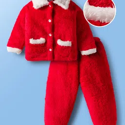 Mark & Mia Fur Woven Full Sleeves Winter Wear Night Suit With Pocket Detailing - Maroon-image-61