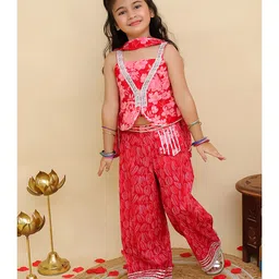 AJ Dezines Cotton Woven Sleeveless Floral Printed & Gota Lace Embellished Top Palazzo & Dupatta Set - Red-picture-30