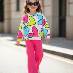 OLLINGTON ST. Cotton Looper Knit Full Sleeves Sweatshirt & Joggers Set with Heart Print -Multicolor & Dark Pink-picture-20