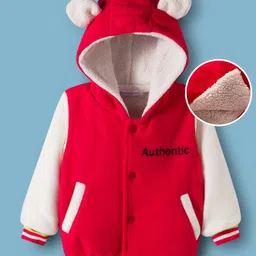 Mark & Mia Full Sleeves Hooded Fur Winter Jacket with Ear Applique Kangaroo Pocket & Text Print - Red-picture-32