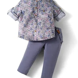 ToffyHouse Cotton Woven Full Sleeves Shirt & Pant Set With Floral Print & Suspender - Navy Blue-picture-18