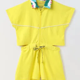 Spunkies Cotton Knit Half Sleeves Leaves Collar Printed Cut Out Detailed Jumpsuit - Yellow-picture-18