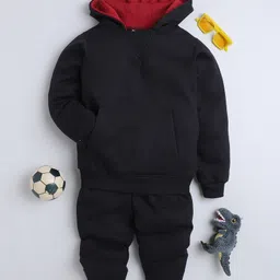 BAATCHEET Fleece Knit Full Sleeves Solid Light Winter Hooded Sweatshirt & Joggers Set - Black-picture-16