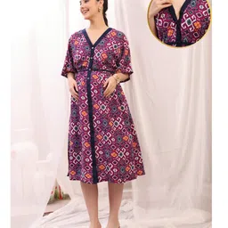 Zelena Rayon Woven Three Fourth Sleeves Ikat Printed Maternity Dress With Front Open Nursing Access - Purple & Multi Colour-picture-15