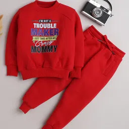 Knitting Doodles Fleece Woven Full Sleeves I M Not A Troublemaker Text Printed Sweatshirt With Joggers Set - Red-picture-12