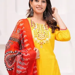 HERE&NOW Women Ethnic Motifs Embroidered Regular Thread Work Pure Cotton Kurta with Trousers & With Dupatta image 3