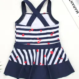 Babyhug Sleeveless Frock Swim Suit Stripes & Heart Print- Navy Blue & White image 2