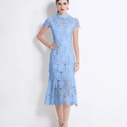 JC Collection Women Floral Self Design High Neck A-Line Midi Dress image 3