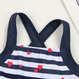 Babyhug Sleeveless Frock Swim Suit Stripes & Heart Print- Navy Blue & White image 3