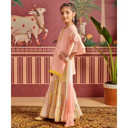 MASTARANG Cotton Three Fourth Bell Sleeves Striped Lurex & Gota Lace Embellished Sharara With Kurti Dupatta Set - Pink image 4