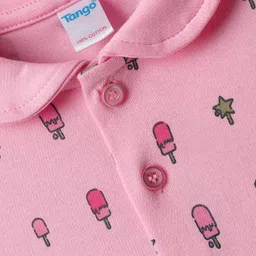 Tango Interlock Knit Half Sleeves Peter Pan Collar Frock with Candy Print - Pink image 3