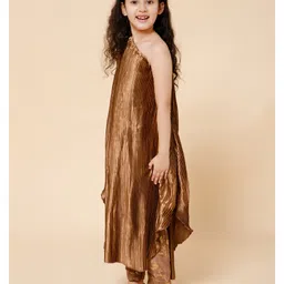 Piccolo Silk One Shoulder Accordion Pleated Kurta With Pant Set - Brown image 5