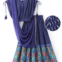 Earthy Touch Woven Knit Half Sleeve Choli & Lehenga Set With Dupatta With Floral Print - Navy Blue image 5