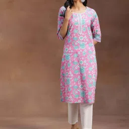 Libas Pink Cotton Printed Straight Kurta image 1