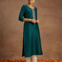 Libas Teal Blue Embroidered Straight Kurta image 1