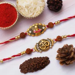 eCraftIndia Set of 2 Shivalinga Trishul, Om Symbol Rakhis with Sibling Agreement & Roli Chawal Pack image 1