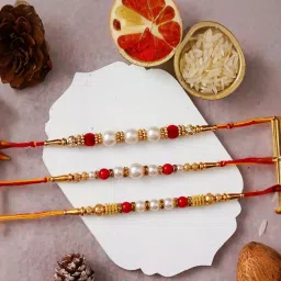 eCraftIndia Set of 3 Pearls Beads Rakhis for Brothers with Sibling Agreement & Roli Chawal Pack image 1