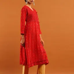 House Of Chikankari Red Chanderi Regular Fit Kurta image 4