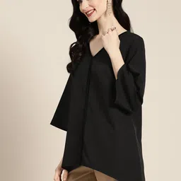 Qurvii Black Solid Top with Embellished Neck image 3