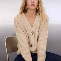 Trendyol Women Ribbed V-Neck Long Sleeves Cardigan-image-60