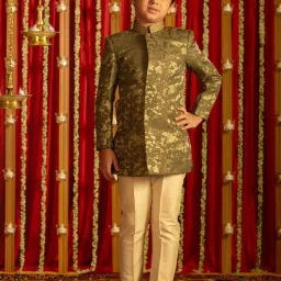 VASTRAMAY Boys Green & Cream Self Full Sleeves Indowestern Sets image 1