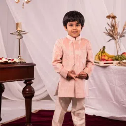 VASTRAMAY Boys Peach & Cream Embroidery Full Sleeves Indowestern Sets image 1