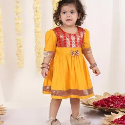 VASTRAMAY Girls Red & Yellow Solid Dresses image 1