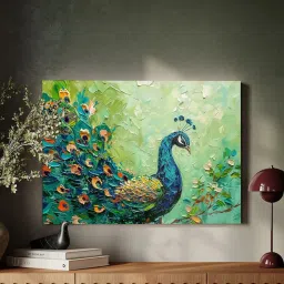 Art Street Green Canvas Abstract Palette Knife of Peacock Stretched Wall Art image 1