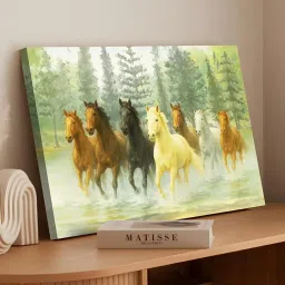 Art Street Green Canvas Seven Running Horses in Forest Vastu Feng Shui Wall Art image 1