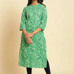 W Green Cotton Printed Straight Kurta image 1