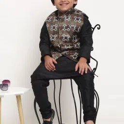 Benstoke Kids Olive Green & Off White Printed Nehru Jacket image 4