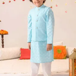 Pspeaches Boys Blue Cotton Regular Fit Printed Kurta Set image 1