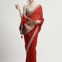 Jaipur Kurti Red Embroidered Saree With Unstitched Blouse image 1