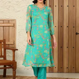 W Blue Cotton Printed A Line Kurta image 1