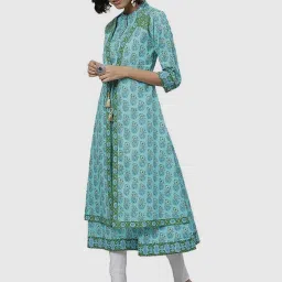 YASH GALLERY Blue Cotton Printed A Line Kurta image 2