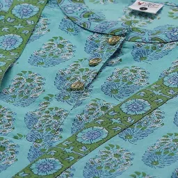 YASH GALLERY Blue Cotton Printed A Line Kurta image 4