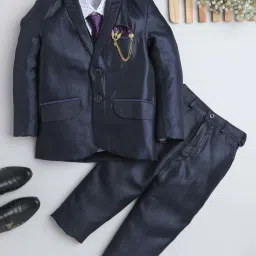 Fourfolds Boys Steelblue Solid Full Sleeves Suit Set image 1