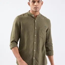 Spykar Avocado Green Cotton Linen Regular Fit Striped Shirt-picture-12