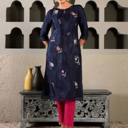 W Navy Embroidered Straight Kurta image 1