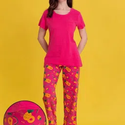 Clovia Pink Printed Cotton T-Shirt With Pyjamas image 1