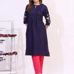 W for Woman Navy Blue Embroidered Kurta image 1